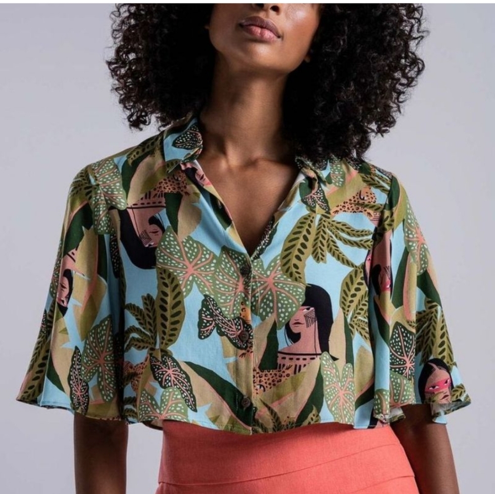 Lez a Lez Tropical Print Crop Shirt | Vibrant Palm Leaf | Size M